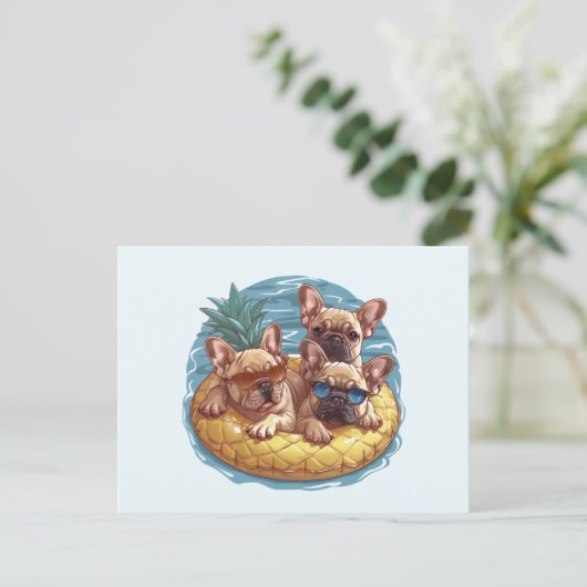 French Bulldogs Summer Pineappool Float Postkarte (Stehend Vorderseite)