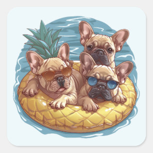 French Bulldogs Summer Pineappool Float Quadratischer Aufkleber