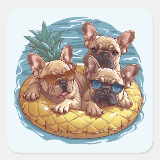 French Bulldogs Summer Pineappool Float Quadratischer Aufkleber (Vorderseite)