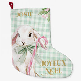 French Bunny & Green Gingham Joyeux Noël Großer Weihnachtsstrumpf