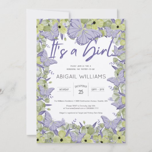 French Butterfly & Blume Niedlich Girl Baby Dusche Einladung (Vorderseite)