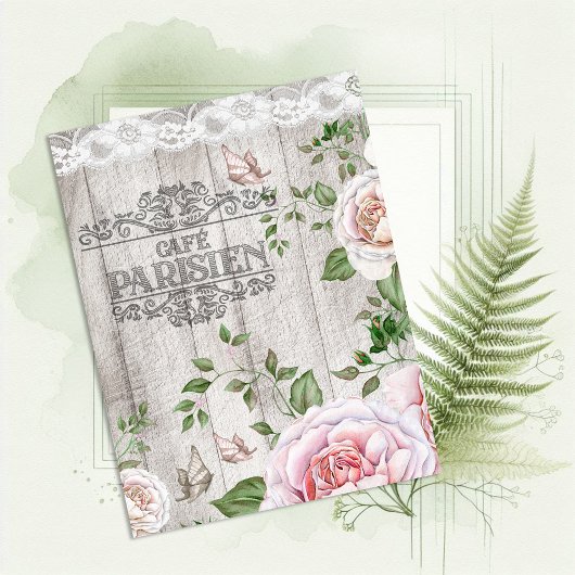 French Café Parisien Floral Wood Board Postkarte