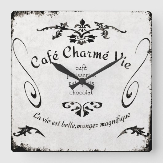 French Café Sign Clock Quadratische Wanduhr (Vorderseite)