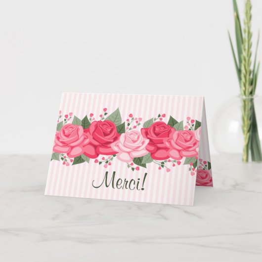 French Chic Pink Roses and Stripes Note Card Dankeskarte (Vorderseite)