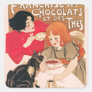 French Chocolates and Teas Vintage Steinlen Poster Quadratischer Aufkleber