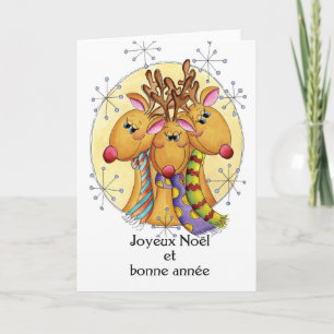 French Christmas Card - Reindeer - Frohe Weihnacht Feiertagskarte