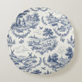 French Country - Blue & Cream Toile Countryside Rundes Kissen