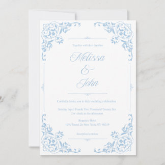 French Country Blue Filigree Wedding invitation Einladung
