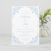 French Country Blue Filigree Wedding invitation Einladung (Stehend Vorderseite)