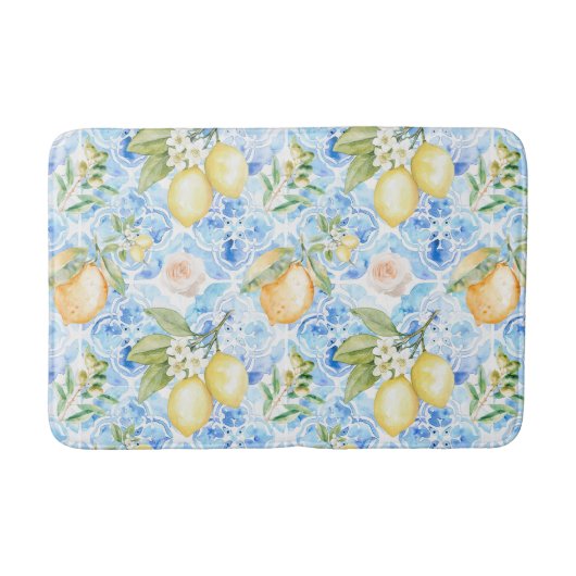 French Country Blue Tile Yellow Lemon Watercolor Badematte (Vorderseite)