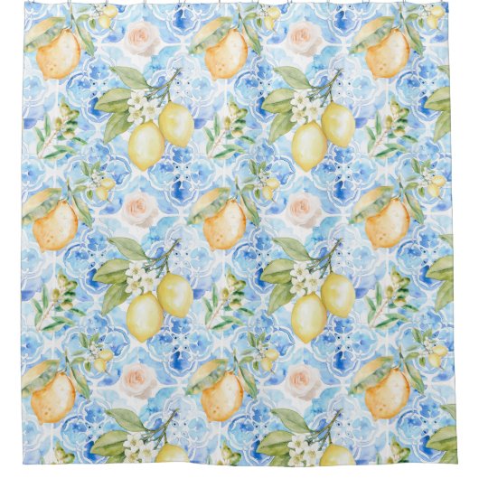 French Country Blue Tile Yellow Lemon Watercolor Duschvorhang (Vorderseite)