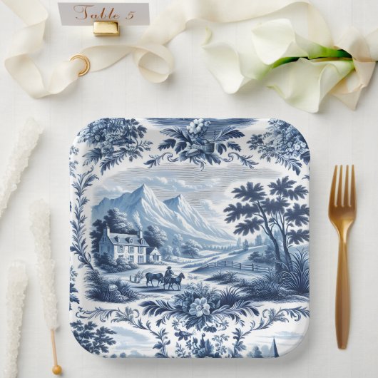 French Country Blue Toile Pappteller (Hochzeit)
