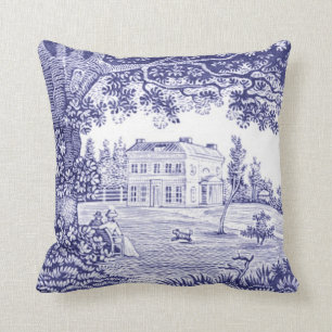 French Country Blue Toile Pillow - Garden Scene Kissen