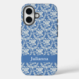 French Country Farm Blue Floral Personalisiert iPhone 16 Hülle