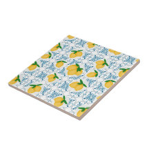 French Country Lemon Blue Floral Tile Pattern