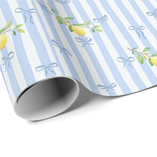 French Country Lemon – Blue Stripe Bow Pattern Geschenkpapier (Rolleneckpunkt)