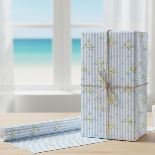 French Country Lemon – Blue Stripe Bow Pattern Geschenkpapier