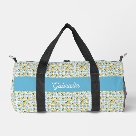 French Country Lemon Blue Tile Monogram Duffle Bag (Vorderseite)