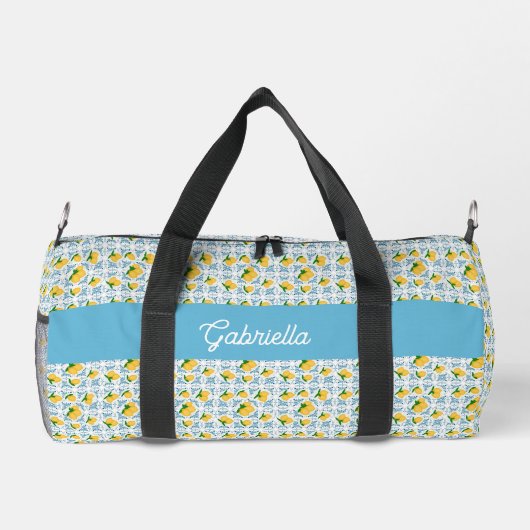 French Country Lemon Blue Tile Monogram Duffle Bag (Rückseite)