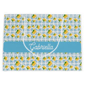 French Country Lemon Blue Tile Monogram Name Große Geschenktüte (Vorderseite)