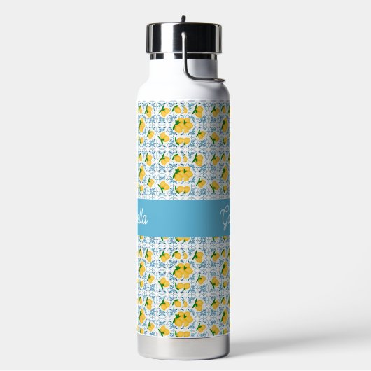 French Country Lemon Blue Tile Monogram Trinkflasche (Links)