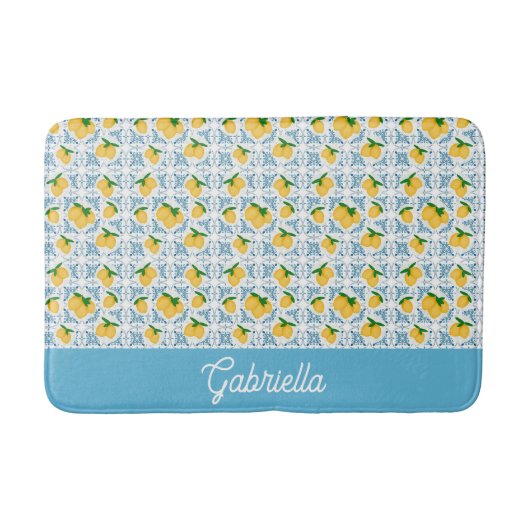 French Country Lemon Blue Tile Pattern Badematte (Vorderseite)