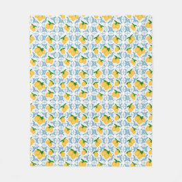 French Country Lemon Blue Tile Pattern Fleecedecke