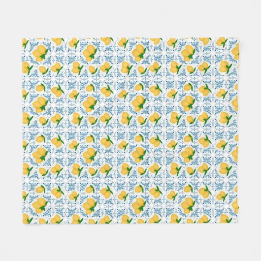 French Country Lemon Blue Tile Pattern Fleecedecke (Vorderseite (Horizontal))