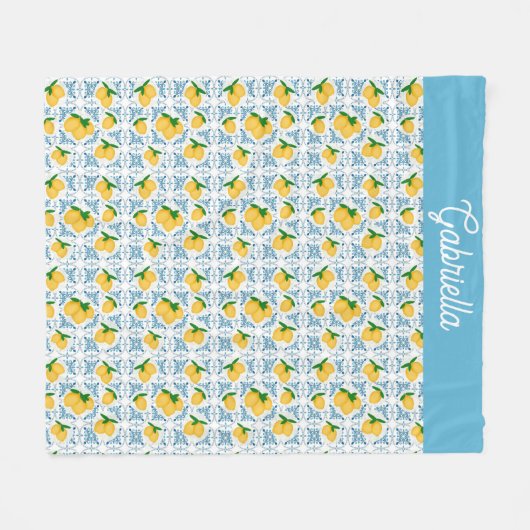 French Country Lemon Blue Tile Pattern Fleecedecke (Vorderseite (Horizontal))