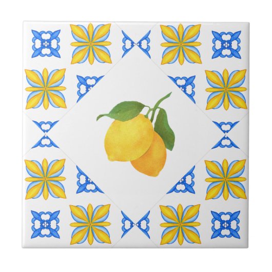 French Country Lemon Blue Tile Pattern Fliese (Vorderseite)