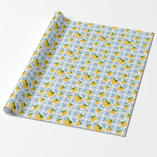 French Country Lemon Blue Tile Pattern Geschenkpapier (Ungerollt)