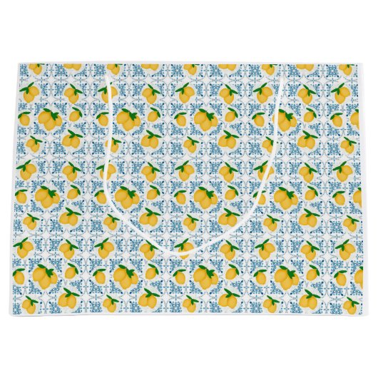 French Country Lemon Blue Tile Pattern Große Geschenktüte (Vorderseite)