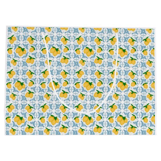 French Country Lemon Blue Tile Pattern Große Geschenktüte (Rückseite)