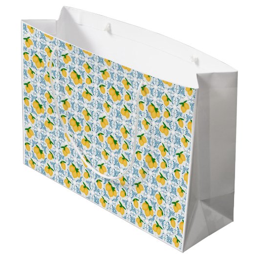 French Country Lemon Blue Tile Pattern Große Geschenktüte (Rückseite Schrägansicht)