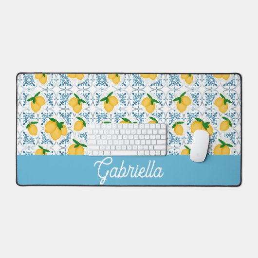 French Country Lemon Blue Tile Pattern Schreibtischunterlage (Tastatur & Maus)