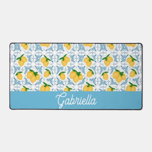 French Country Lemon Blue Tile Pattern Schreibtischunterlage (Vorderseite)