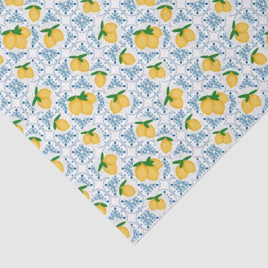 French Country Lemon Blue Tile Pattern Seidenpapier (Ausschnitt)