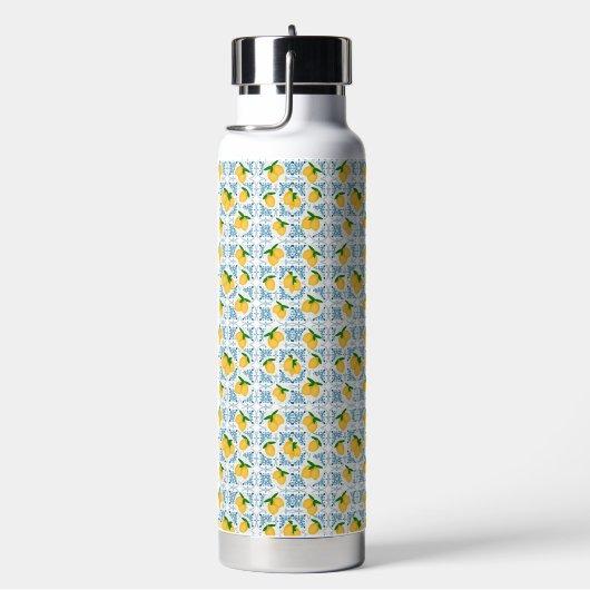 French Country Lemon Blue Tile Pattern Trinkflasche (rechts)