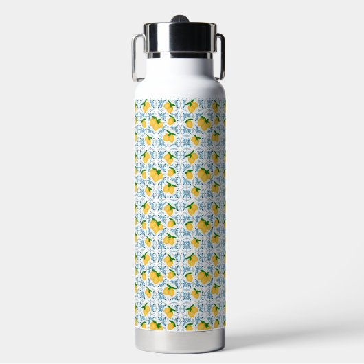 French Country Lemon Blue Tile Pattern Trinkflasche (Vorderseite)