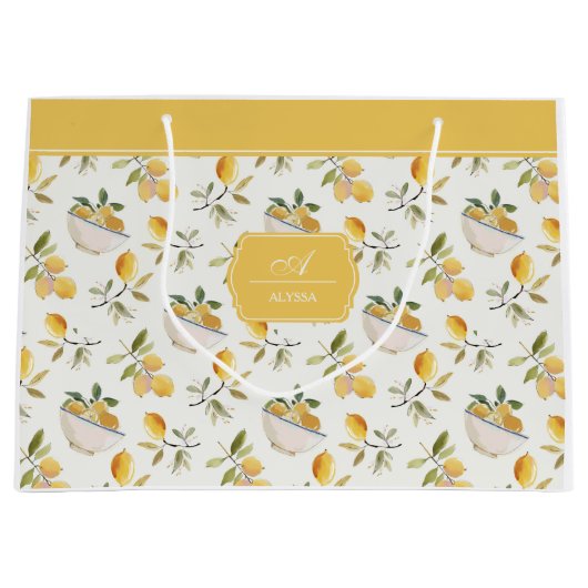 French Country Lemon Pattern Monogram Gift Bag Große Geschenktüte (Vorderseite)