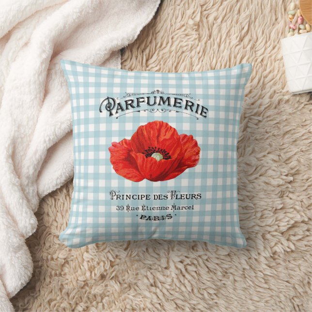 French Country Parfüm Red Poppy Aquamarin Checkere Kissen (Decke)