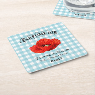 French Country Parfüm Red Poppy Aquamarin Checkere Rechteckiger Pappuntersetzer