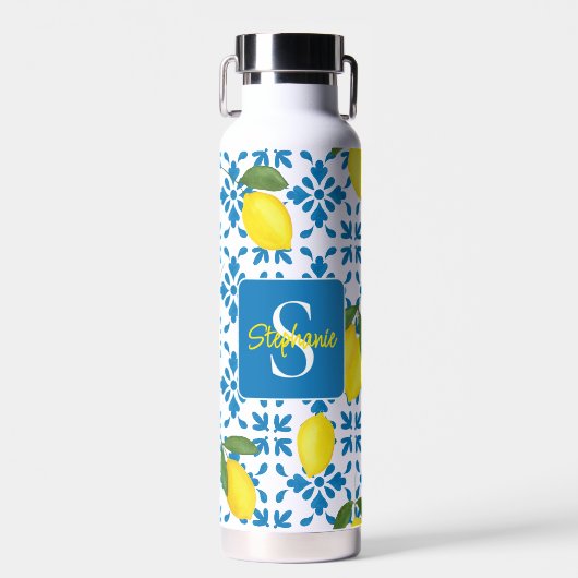 French Country Tile Lemon Pattern Monogram Name Trinkflasche (Vorne)