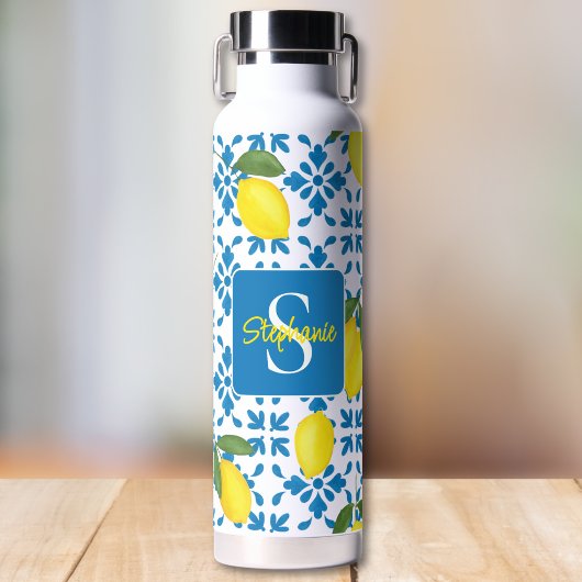 French Country Tile Lemon Pattern Monogram Name Trinkflasche