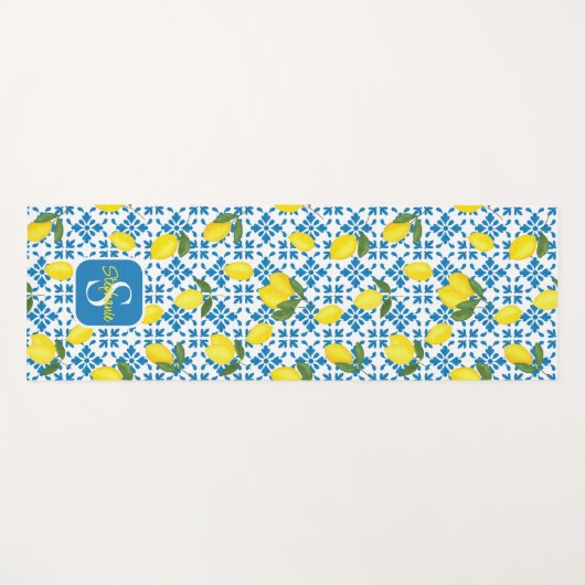 French Country Tile Lemons Pattern Name Monogram Yogamatte (Vorderseite (Horizontal))