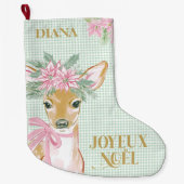 French Deer & Green Gingham Joyeux Noël Großer Weihnachtsstrumpf (Vorderseite)