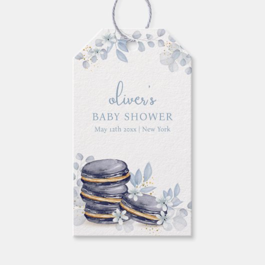 French Floral Bonjour Bébé Macaron Babydusche Geschenkanhänger (Vorderseite)