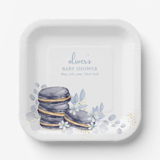 French Floral Bonjour Bébé Macaron Babydusche Pappteller (Vorderseite)