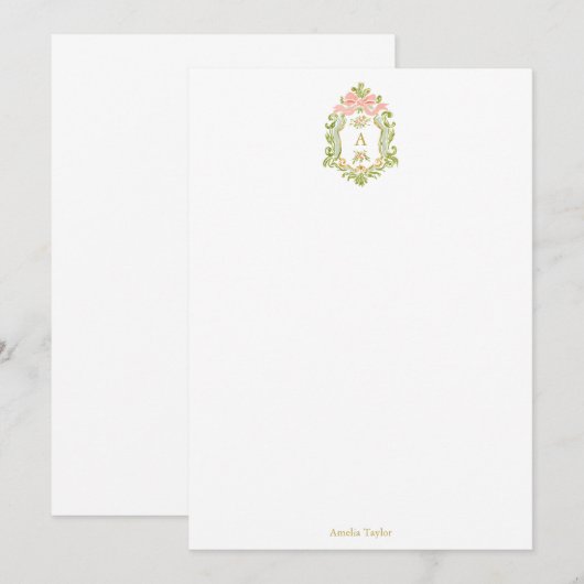 French Floral Monogram Personalized Coquette Bow Dankeskarte (Vorne/Hinten)
