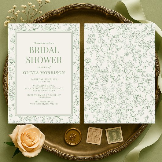 French Floral Sage Green Ivory Bridal Shower Einladung